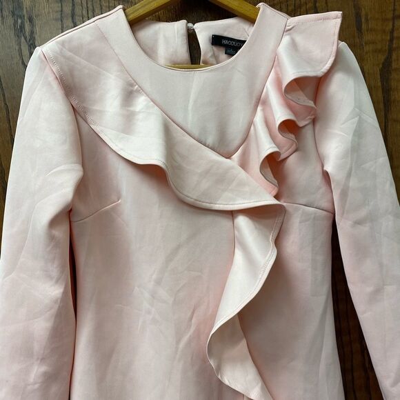 HAODUOYI pale pink ruffle front long‎ sleeve sheath dress - Picture 3 of 7